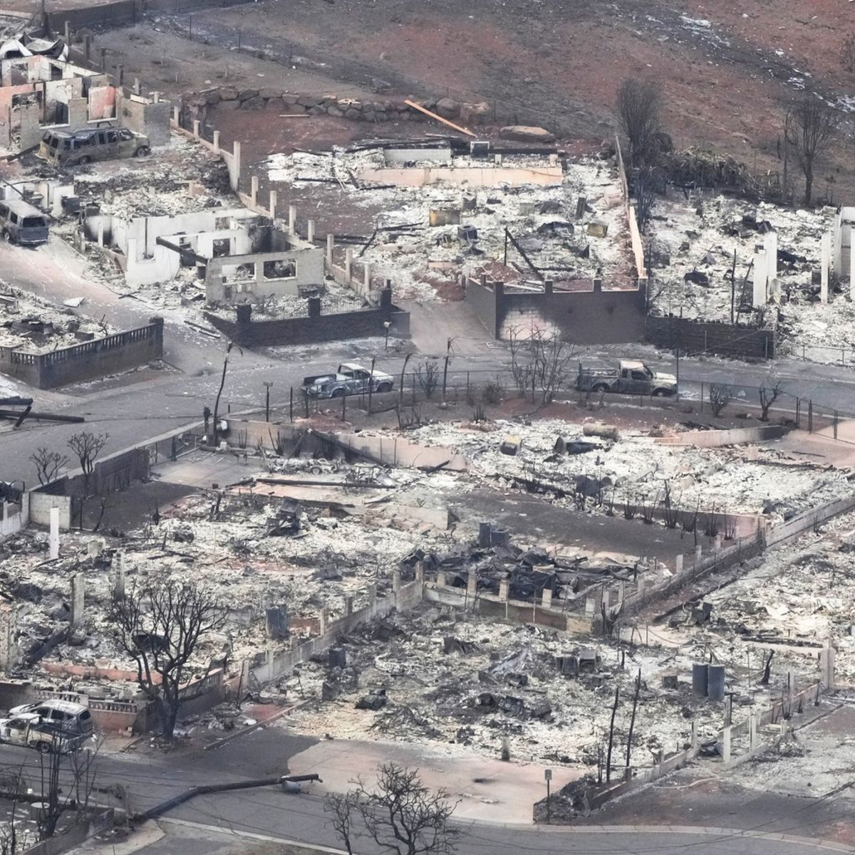 Eine durch einen Waldbrand zerstörte Gegend in Lahaina. Auf der kleinen Insel Maui im US-Bundesstaat Hawaii herrscht aufgrund verheerender Busch- und Waldbrände der Ausnahmezustand. - Foto: Rick Bowmer/AP/dpa