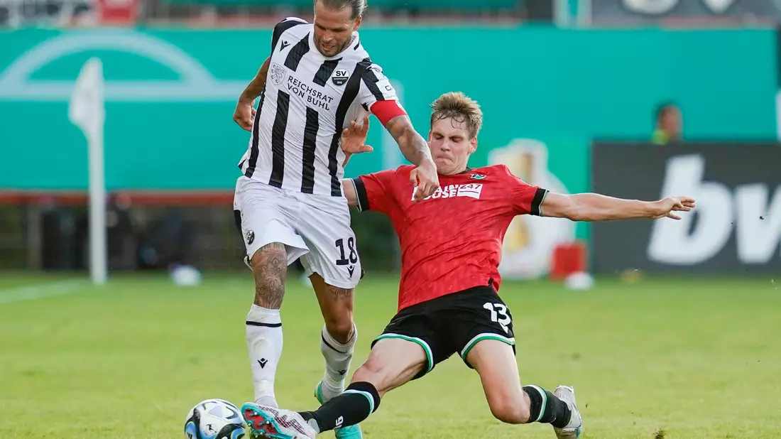 Nach einem torreichen Spiel bezwang das Sandhausen-Team um Dennis Diekmeier (l) Hannover im Elfmeterschießen. - Bild: Uwe Anspach/dpa