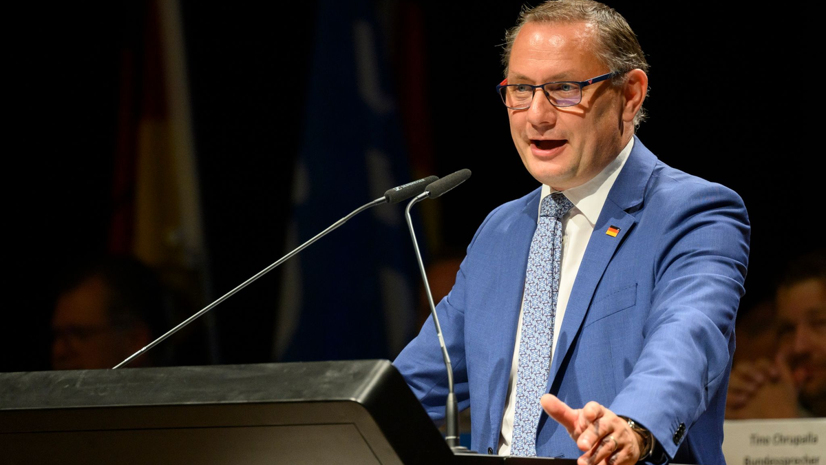 AfD-Chef Tino Chrupalla beim Landesparteitag der AfD Niedersachsen in Celle. - Foto: Julian Stratenschulte/dpa