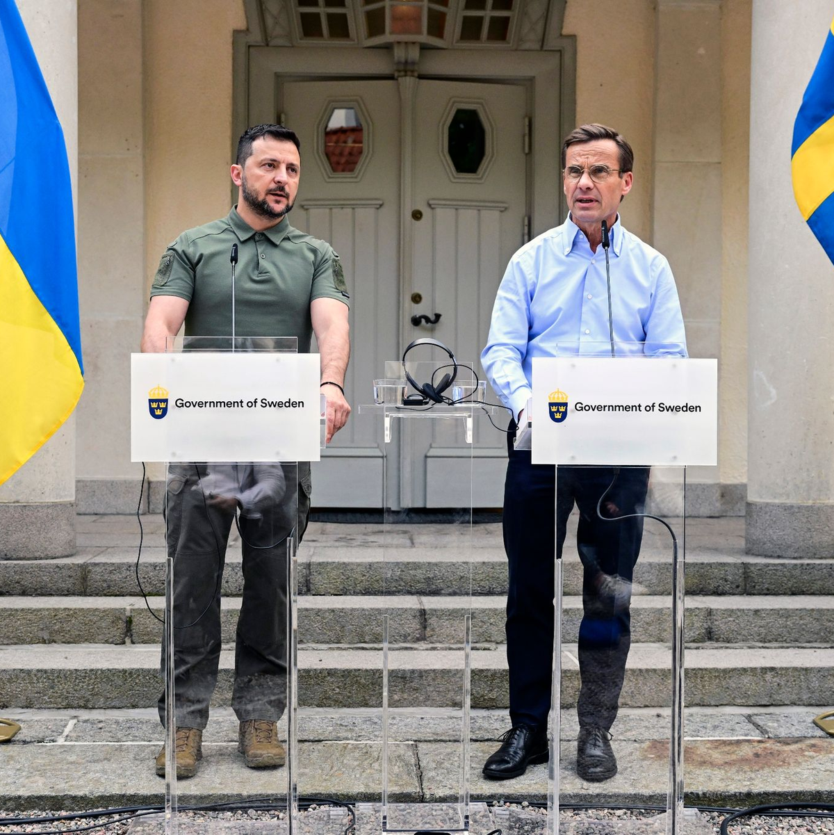 Ulf Kristersson und Wolodymyr Selenskyj informieren über die Ergebnisse der Gespräche. - Foto: Jonas Ekströmer/TT News Agency/AP/dpa