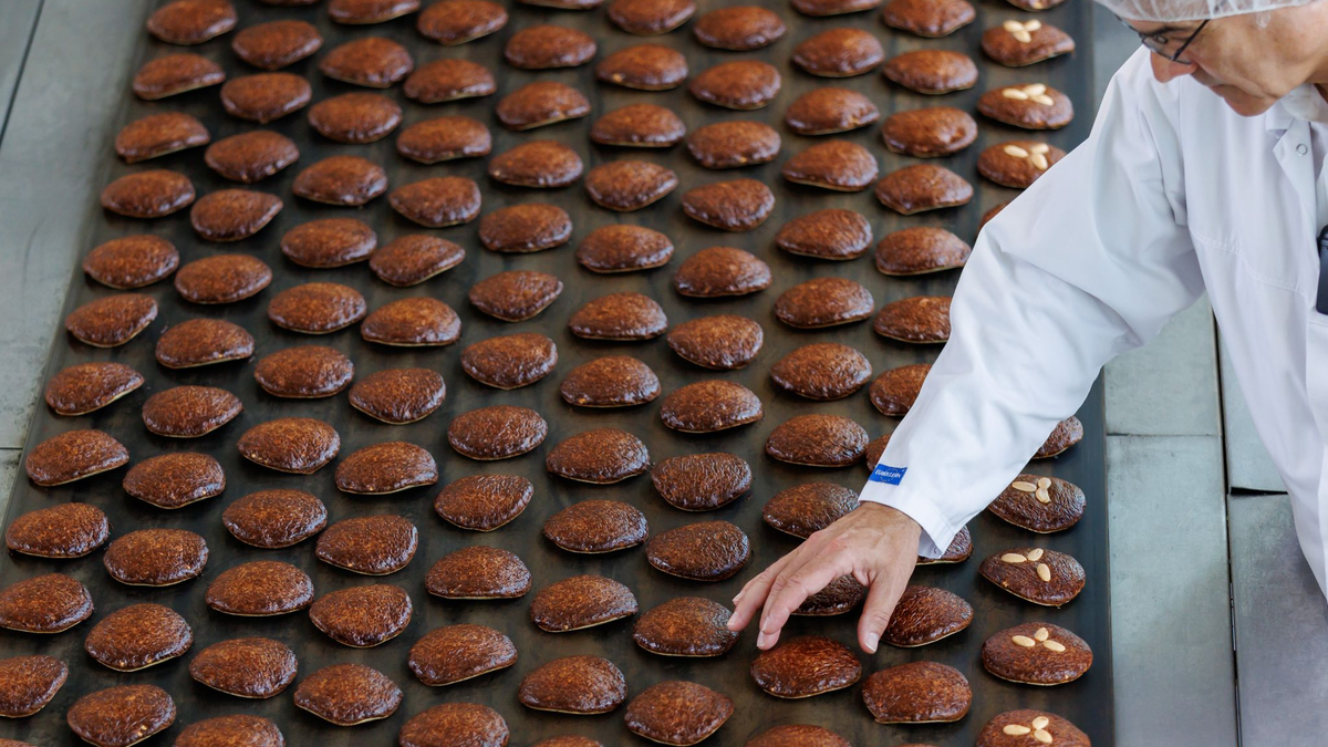 Frisch gebackene Lebkuchen laufen auf einem Band aus einem Ofen. - Foto: Daniel Karmann/dpa