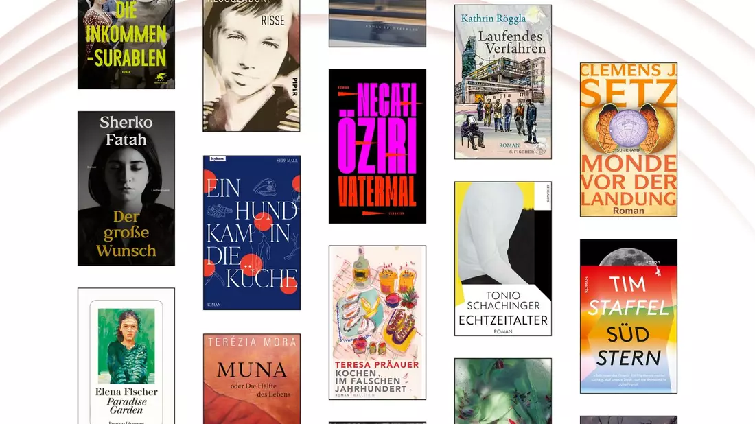 Ein Teil der insgesamt zwanzig Titel umfassenden Longlist für den Deutschen Buchpreis. - Bild: --/Börsenverein des Deutschen Buchhandels e.V./dpa