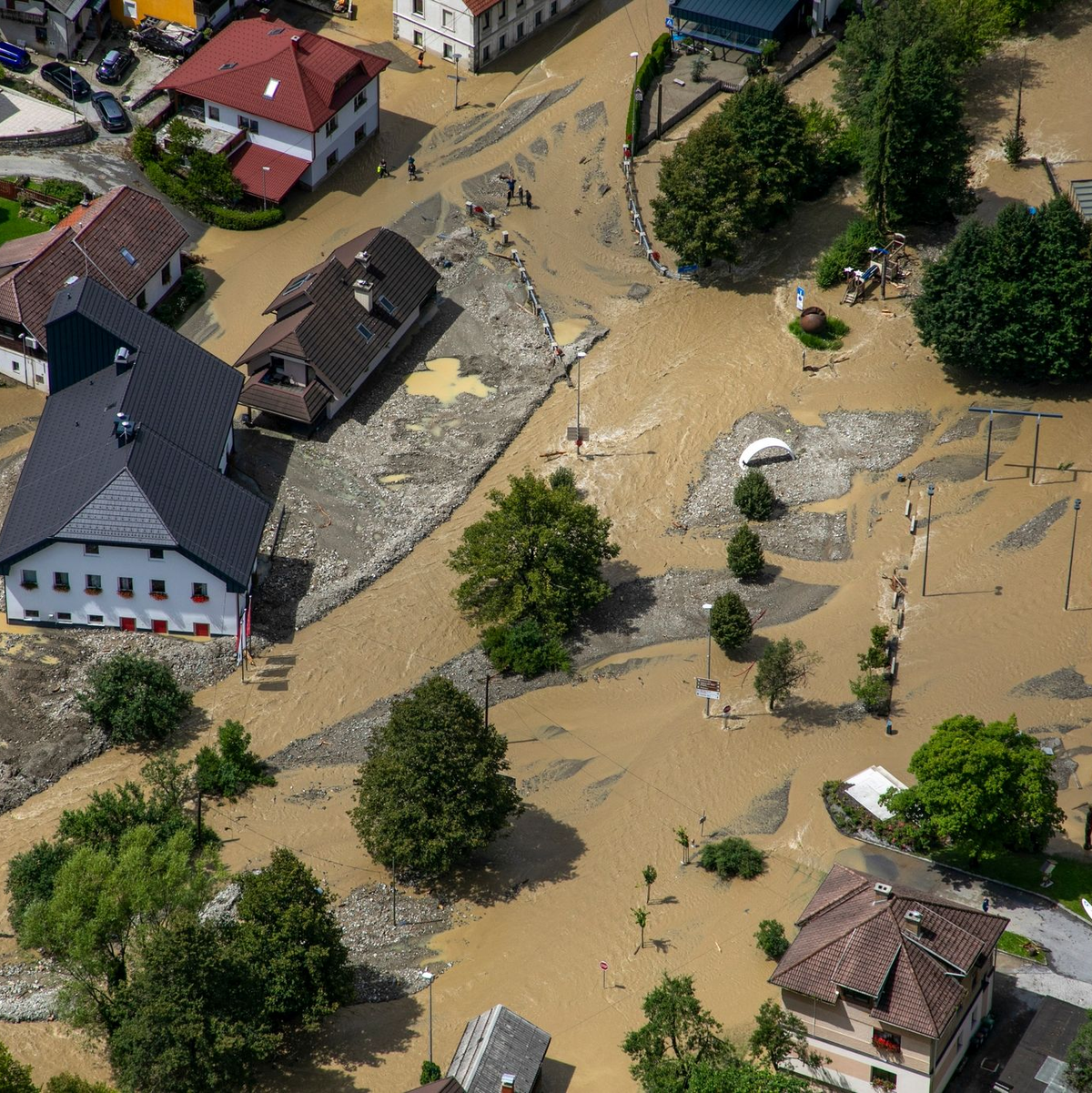 Ein überschwemmtes Gebiet Anfang August in Slowenien. - Foto: -/AP/dpa