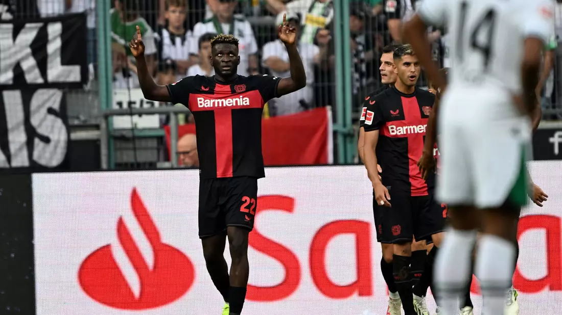 Victor Boniface war der gefeierte Bayer-Profi bei Leverkusens Sieg in Gladbach. - Bild: Federico Gambarini/dpa