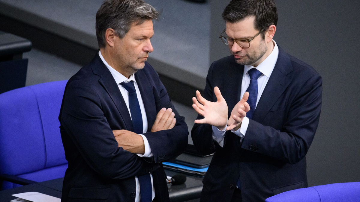 Wirtschaftsminister Robert Habeck (l, Grüne) und Justizminister Marco Buschmann (FDP) im Bundestag. - Foto: Bernd von Jutrczenka/dpa