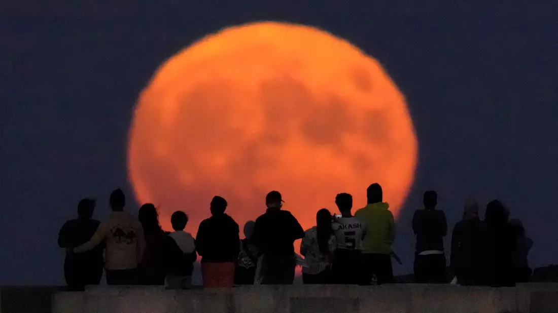 Der Vollmond erhebt sich über dem Lake Michigan. - Bild: Charles Rex Arbogast/AP/dpa