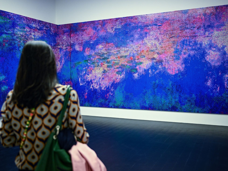 Die wandfüllenden Werke stellen etwa  Claude Monets Wasserlilien (Beginn 20. Jahrhundert) nach. - Foto: Britta Pedersen/dpa