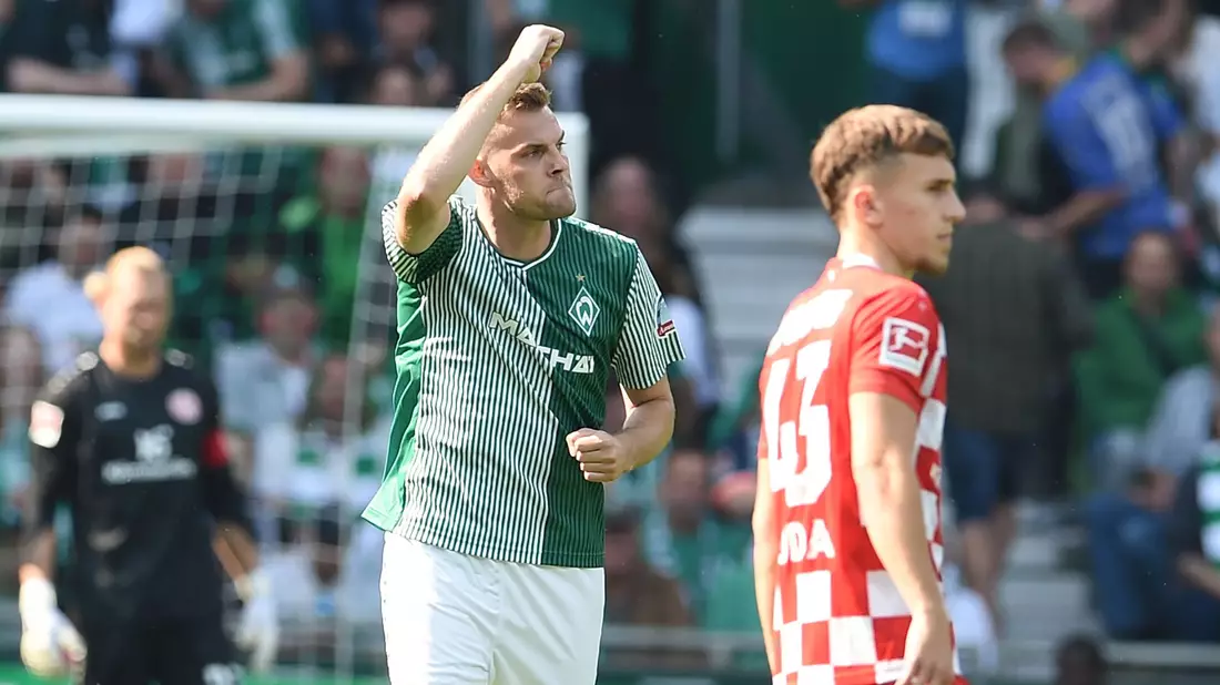 Marvin Ducksch brachte Werder beim 4:0 gegen Mainz auf die Siegerstraße. - Bild: Carmen Jaspersen/dpa