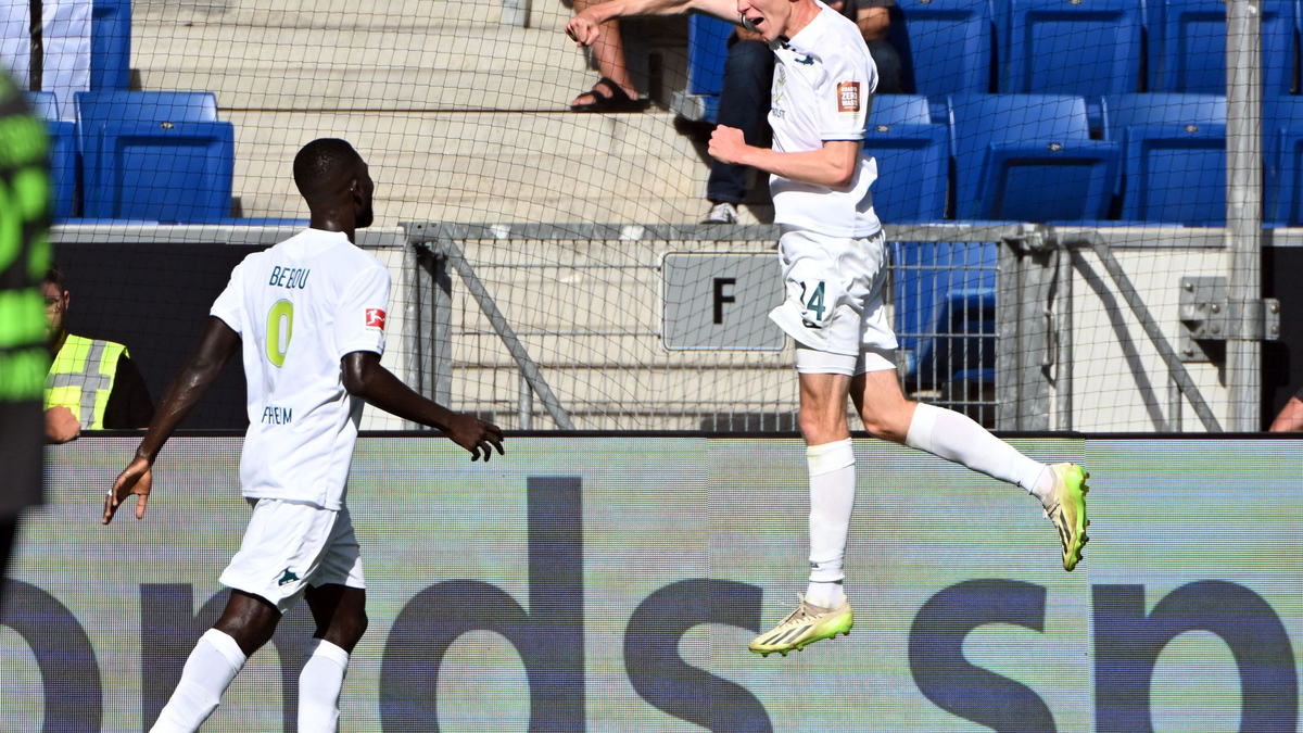 Der Hoffenheimer Maximilian Beier (r) bejubelt seinen Treffer zum 2:1. - Foto: Uli Deck/dpa