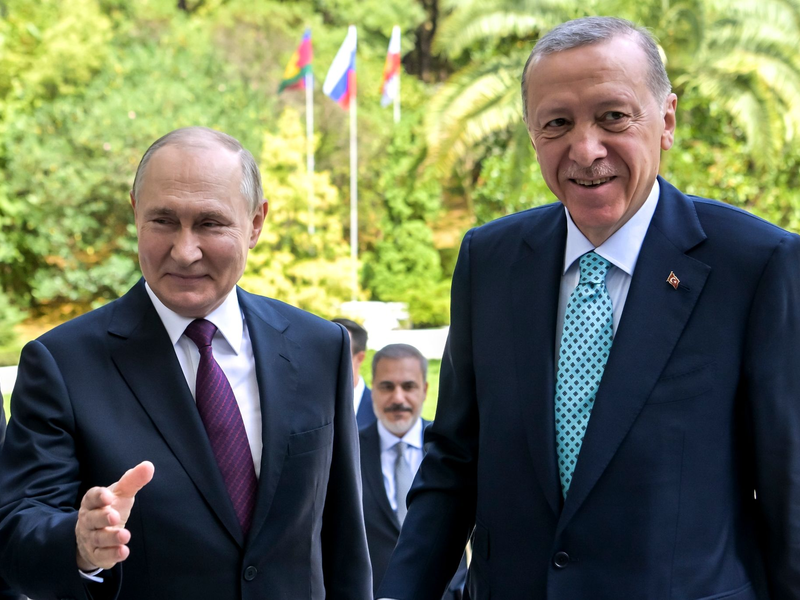 Der russische Präsident Wladimir Putin (l) begrüßt seinen türkischen Amtskollegen Recep Tayyip Erdogan in Sotschi. - Foto: Alexei Nikolsky/Pool Sputnik Kremlin/AP/dpa