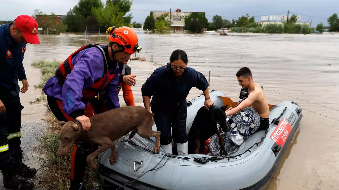 Feuerwehrleute mit einem Schlauchboot evakuieren Menschen und ihre Hunde aus überfluteten Gebäuden. - Bild: Vaggelis Kousioras/AP/dpa