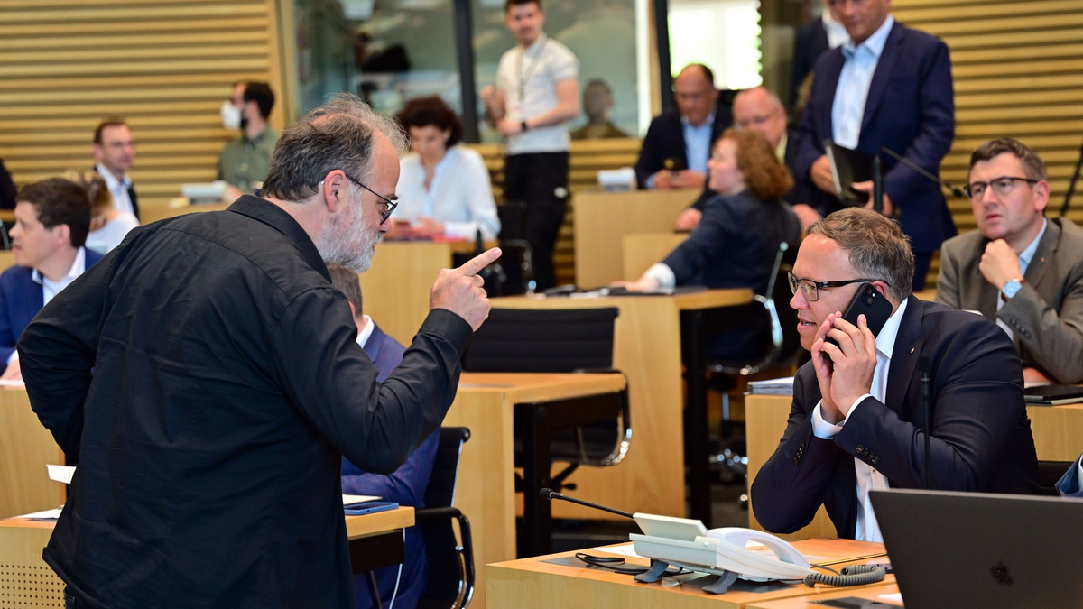 Linken-Fraktionsvorsitzender Steffen Dittes (l) und CDU-Fraktionsvorsitzender Mario Voigt im Plenarsaal des Thüringer Landtags. - Foto: Martin Schutt/dpa