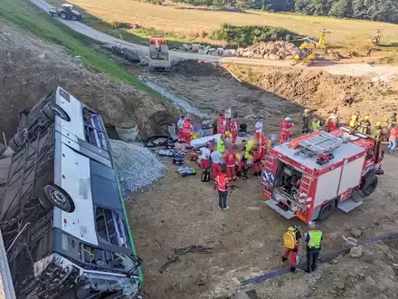 Rettungskräfte arbeiten an der Unfallstelle. - Foto: Doku-Nö/Wimmer M./APA/dpa