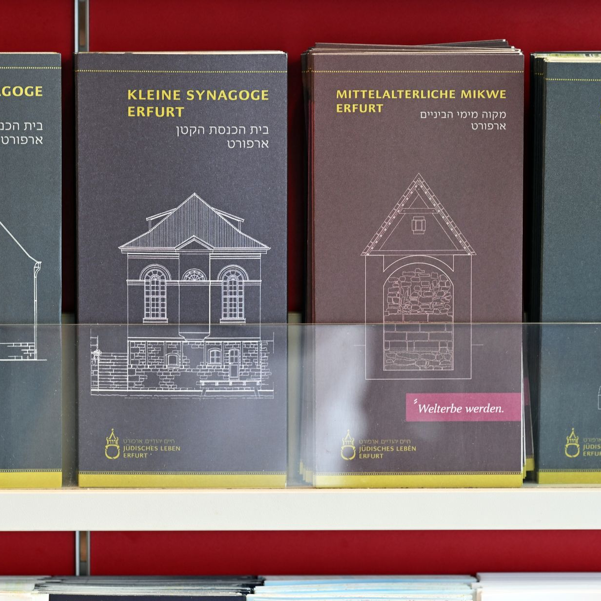 Informationsmaterial zu den Stätten Jüdischen Lebens in Erfurt ist ausgestellt. - Foto: Martin Schutt/dpa