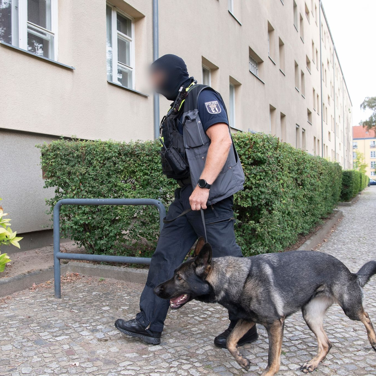 Einsatzkräfte der Polizei führen eine Razzia gegen eine Neonazi-Gruppe in Berlin-Alt-Hohenschönhausen durch. - Foto: Paul Zinken/dpa