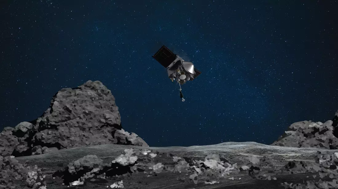 Die Raumsonde «Osiris-Rex» nähert sich dem Asteroiden Bennu (künstlerische Darstellung). - Bild: ---/Nasa/dpa