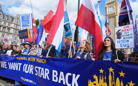 Menschen in London fordern die Rückkehr Großbritanniens in die EU. - Foto: Jeff Moore/PA Wire/dpa