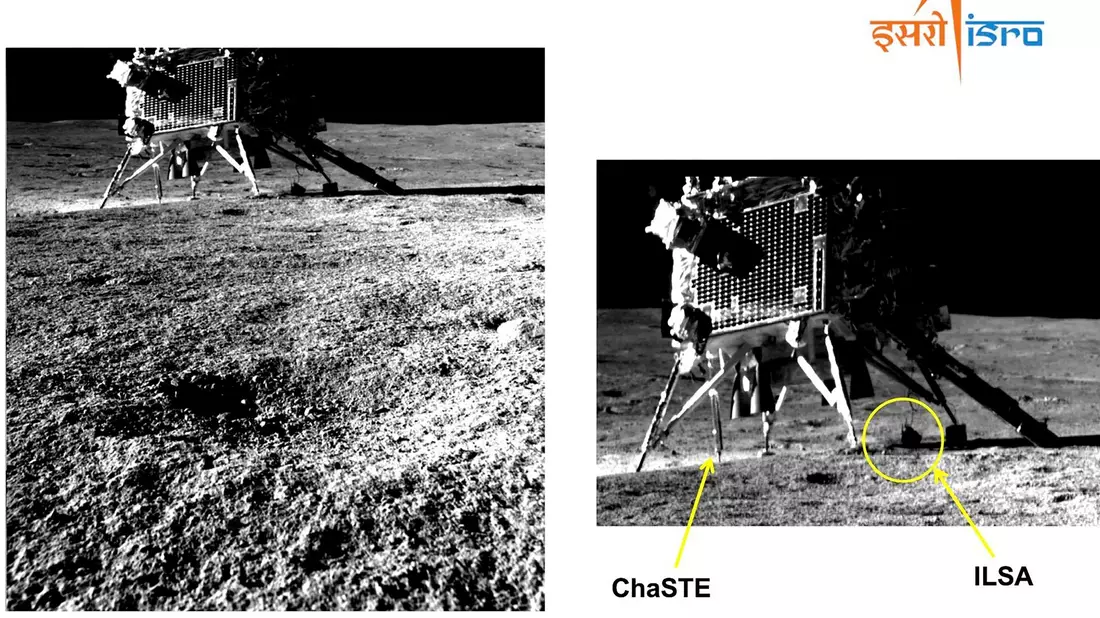 Dieses von der Indischen Weltraumforschungsorganisation (ISRO) zur Verfügung gestellte Bild zeigt den Lander aus Perspektive des Rovers. - Bild: Uncredited/Indian Space Research Organization/AP/dpa