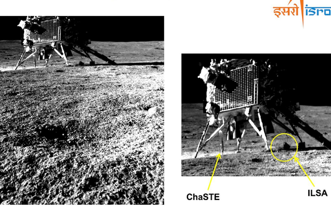 Dieses von der Indischen Weltraumforschungsorganisation (ISRO) zur Verfügung gestellte Bild zeigt den Lander aus Perspektive des Rovers. - Foto: Uncredited/Indian Space Research Organization/AP/dpa