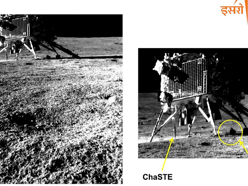Dieses von der Indischen Weltraumforschungsorganisation (ISRO) zur Verfügung gestellte Bild zeigt den Lander aus Perspektive des Rovers. - Foto: Uncredited/Indian Space Research Organization/AP/dpa