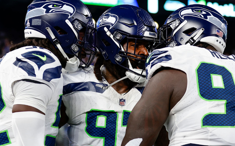 Seattles Mario Edwards Jr. (M.) lässt sich feiern, nachdem er einen Ballverlust von Giants-Quarterback Daniel Jones forciert hat. - Foto: Adam Hunger/AP/dpa Seattles Mario Edwards Jr. (M.) lässt sich feiern, nachdem er einen Ballverlust von Giants-Quarterback Daniel Jones forciert hat. - Foto: Adam Hunger/AP/dpa