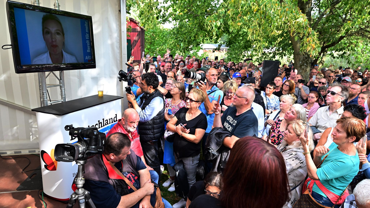 Alice Weidel äußerte sich in einer Videobotschaft bei einer Wahlkampf-Veranstaltung der AfD, unweit vom Deutsch-Deutschen Museum Mödlareuth. - Foto: Martin Schutt/dpa