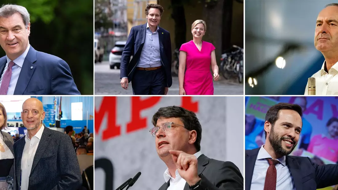 Markus Söder (CSU, oben l-r), Ludwig Hartmann und Katharina Schulze (Bündnis 90/Die Grünen), Hubert Aiwanger (Freie Wähler), Katrin Ebner-Steiner und Martin Böhm (AfD), Florian von Brunn (SPD) und Martin Hagen (FDP). - Bild: -/dpa
