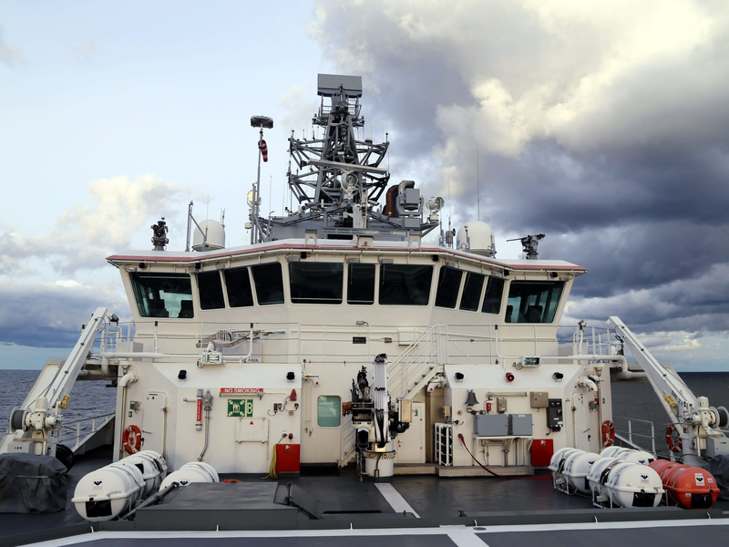 Offshore-Schiff Turva des finnischen Grenzschutzes auf Patrouille auf der Ostsee in der Nähe der Stelle zu sehen, an der die beschädigte Balticconnector-Gaspipeline im Finnischen Meerbusen geortet wurde. - Foto: Finnish Border Guard/Rajavartiolaitos/Lehtikuva/dpa