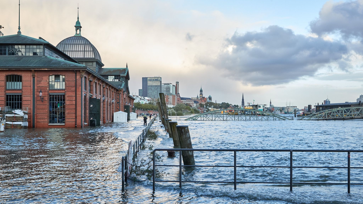 Blick auf den mit Elbwasser überfluteten Fischmarkt in Hamburg. - Foto: Georg Wendt/dpa
