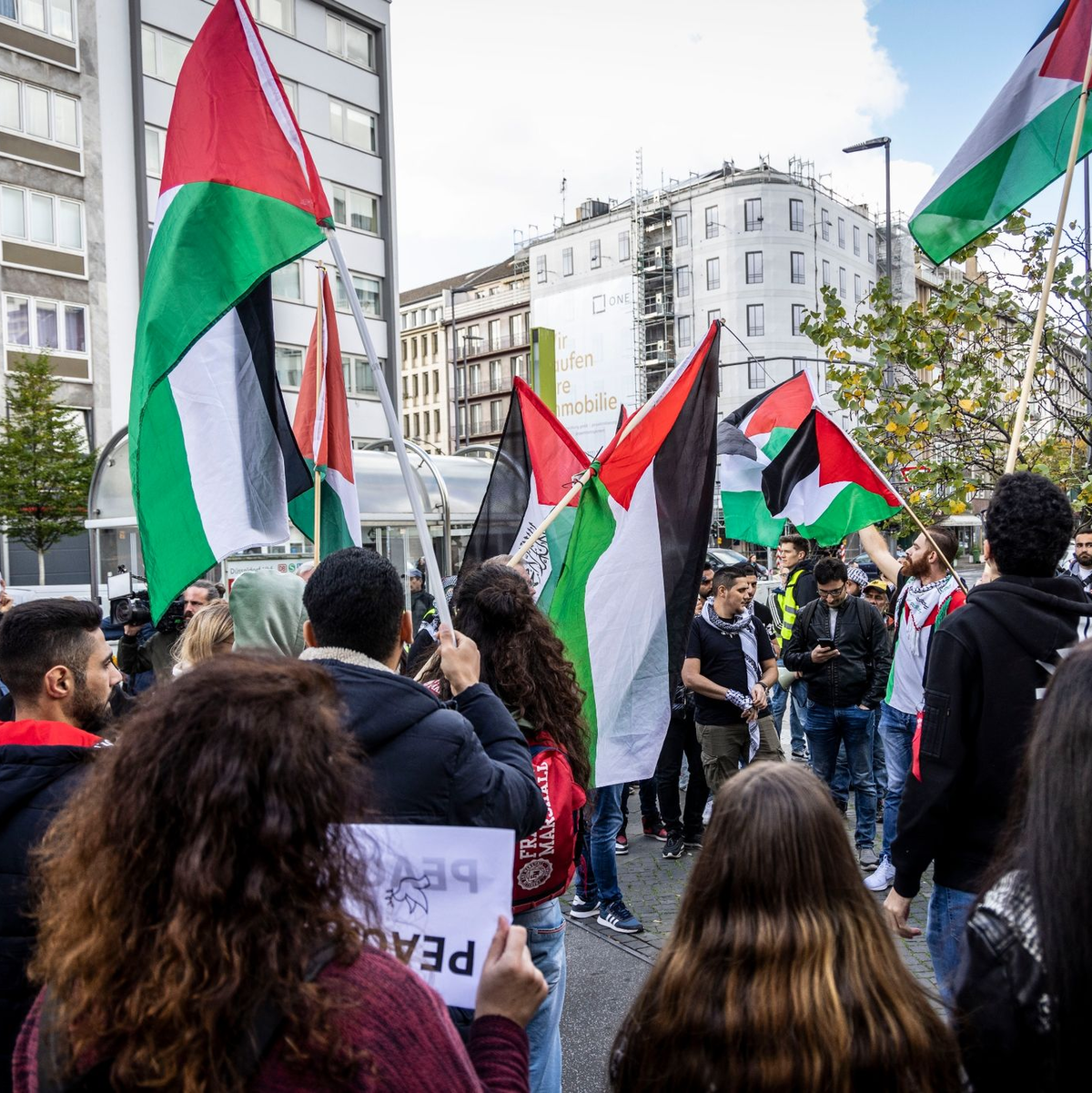 Mit zahlreichen Palästina-Fahnen zogen Menschen durch Düsseldorf. Die Stimmung sei emotional gewesen, aber es habe keine nennenswerten Zwischenfälle gegeben, teilte die Polizei mit. - Foto: Christoph Reichwein/dpa