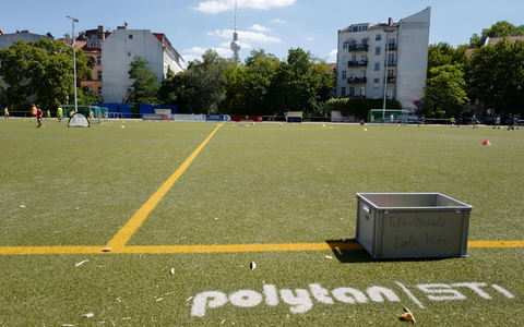 Blick auf einen Kunstrasenplatz. Die EU-Behörde verbietet ab 2031 den Einsatz von Granulat, das zwischen die grünen Plastikhalme von Kunstrasen gestreut wird, um die Umwelt zu schützen. - Foto: Jörg Carstensen/dpa