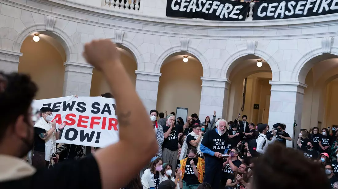 Demonstranten protestieren im Cannon House Office Building auf dem Capitol Hill. - Bild: Jose Luis Magana/AP/dpa