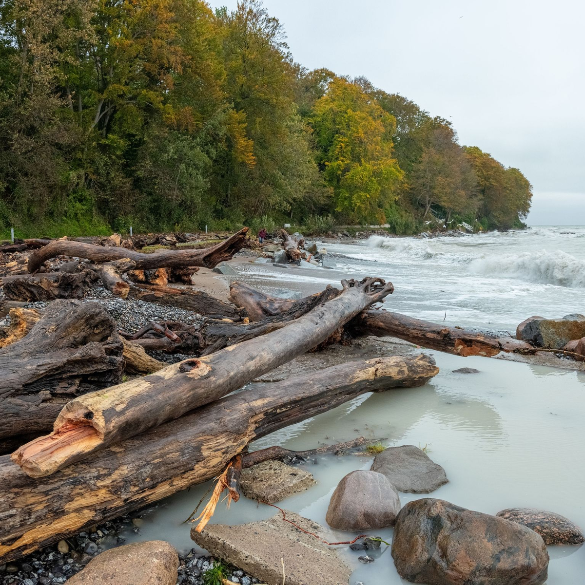 Gehwegplatten wurden in Sassnitz durch den Sturm an der Strandpromenade weggeschwemmt. - Foto: Georg Moritz/dpa