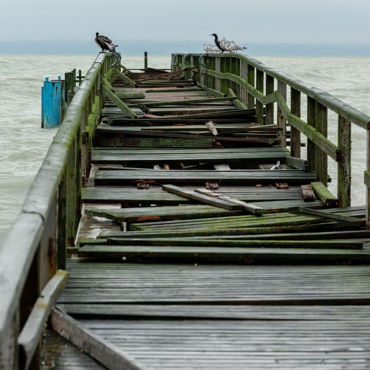 Die ohnehin baufällige Seebrücke in Sassnitz wurde von den Wellen stark beschädigt. - Foto: Georg Moritz/dpa