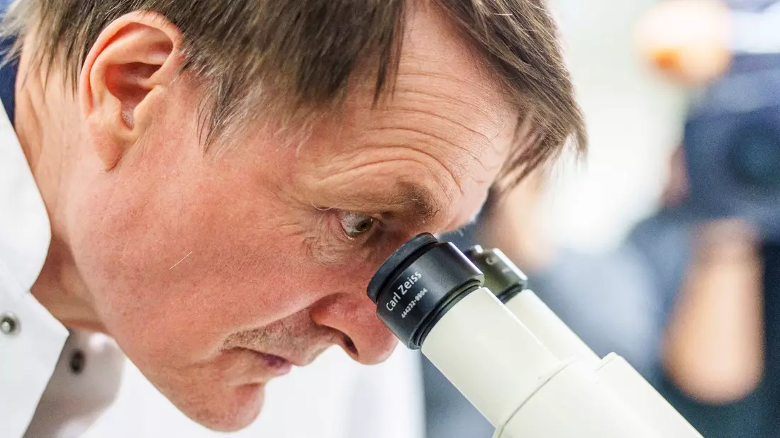 Karl Lauterbach (SPD), Bundesgesundheitsminister, betrachtet unter einem Mikroskop Krebszellen. - Bild: Andreas Arnold/dpa