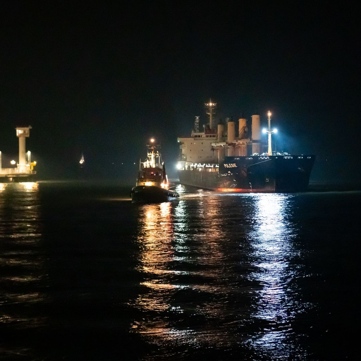 Das Frachtschiff «Polesie» wird in der Nacht von zwei Schleppern an den Kai der Seebäderbrücke gezogen. - Foto: Jonas Walzberg/dpa