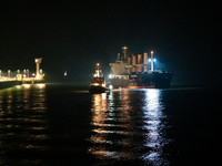 Das Frachtschiff «Polesie» wird von zwei Schleppern an den Kai der Seebäderbrücke in Cuxhaven gezogen. - Foto: Jonas Walzberg/dpa