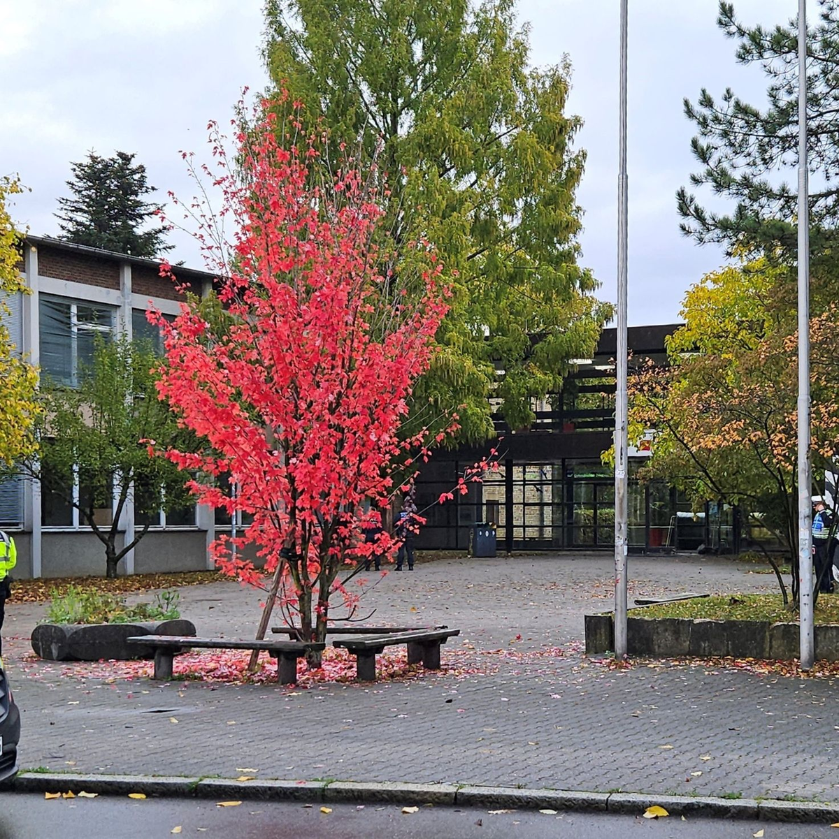 Einsatzkräfte der Polizei stehen vor dem Hegel-Gymnasium im Stuttgarter Stadtbezirk Vaihingen. Die Einrichtung wurde geräumt. - Foto: Andreas Rosar/dpa