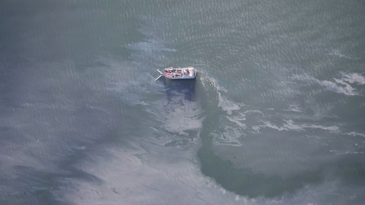 Einsatzkräfte der schwedischen Küstenwache arbeiten daran, Öl aufzufangen. Vor der südschwedischen Ostseeküste ist aus einer auf Grund gelaufenen Passagierfähre nach Behördenangaben sehr viel Öl ausgelaufen. - Foto: ---/Küstenwache Schweden/dpa