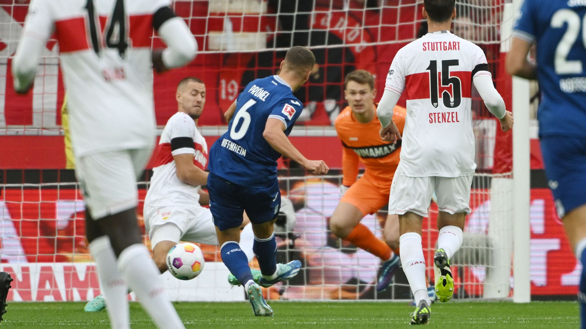 Grischa Prömel (M) brachte Hoffenheim in Stuttgart in Führung. - Foto: Marijan Murat/dpa