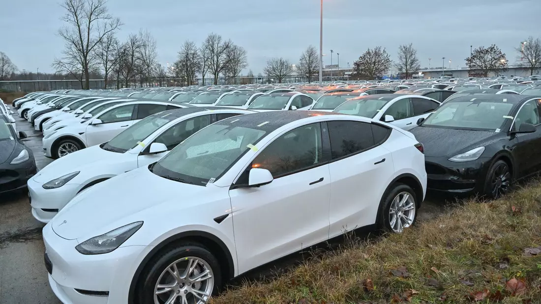 Neue Elektrofahrzeuge vom Typ Model Y stehen am frühen Morgen auf einem Parkplatz am Terminal 5 des Hauptstadtflughafen Berlin-Brandenburg. - Bild: Patrick Pleul/dpa