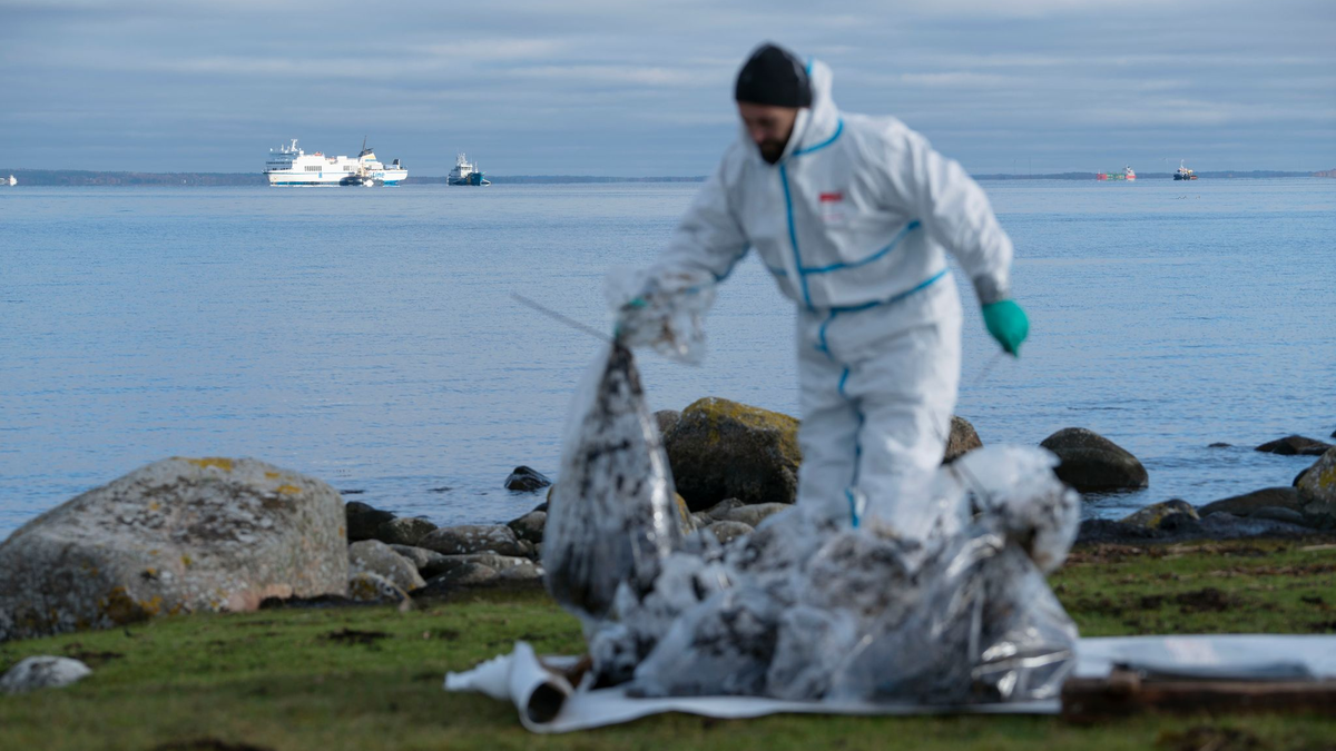 Ein Mann in Schutzkleidung arbeitet am Strand. Bei der vor der südschwedischen Küste feststeckenden Ostseefähre «Marco Polo» (hinten, l) ist erneut Öl ausgetreten. - Foto: Ola Torkelsson/TT News Agency/AP/dpa