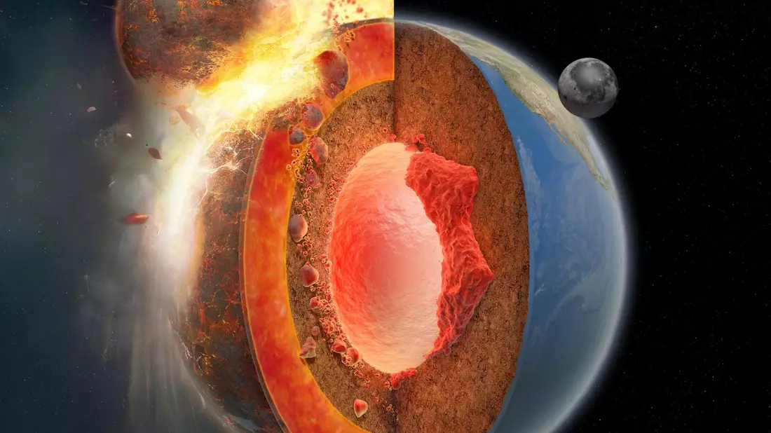 Bei dem Einschlag des Himmelskörpers Theia mit der Ur-Erde entstand der Mond. - Bild: Hernán Cañellas/Springer Nature/dpa
