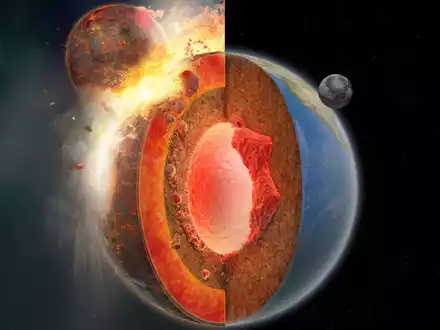Bei dem Einschlag des Himmelskörpers Theia mit der Ur-Erde entstand der Mond. - Foto: Hernán Cañellas/Springer Nature/dpa