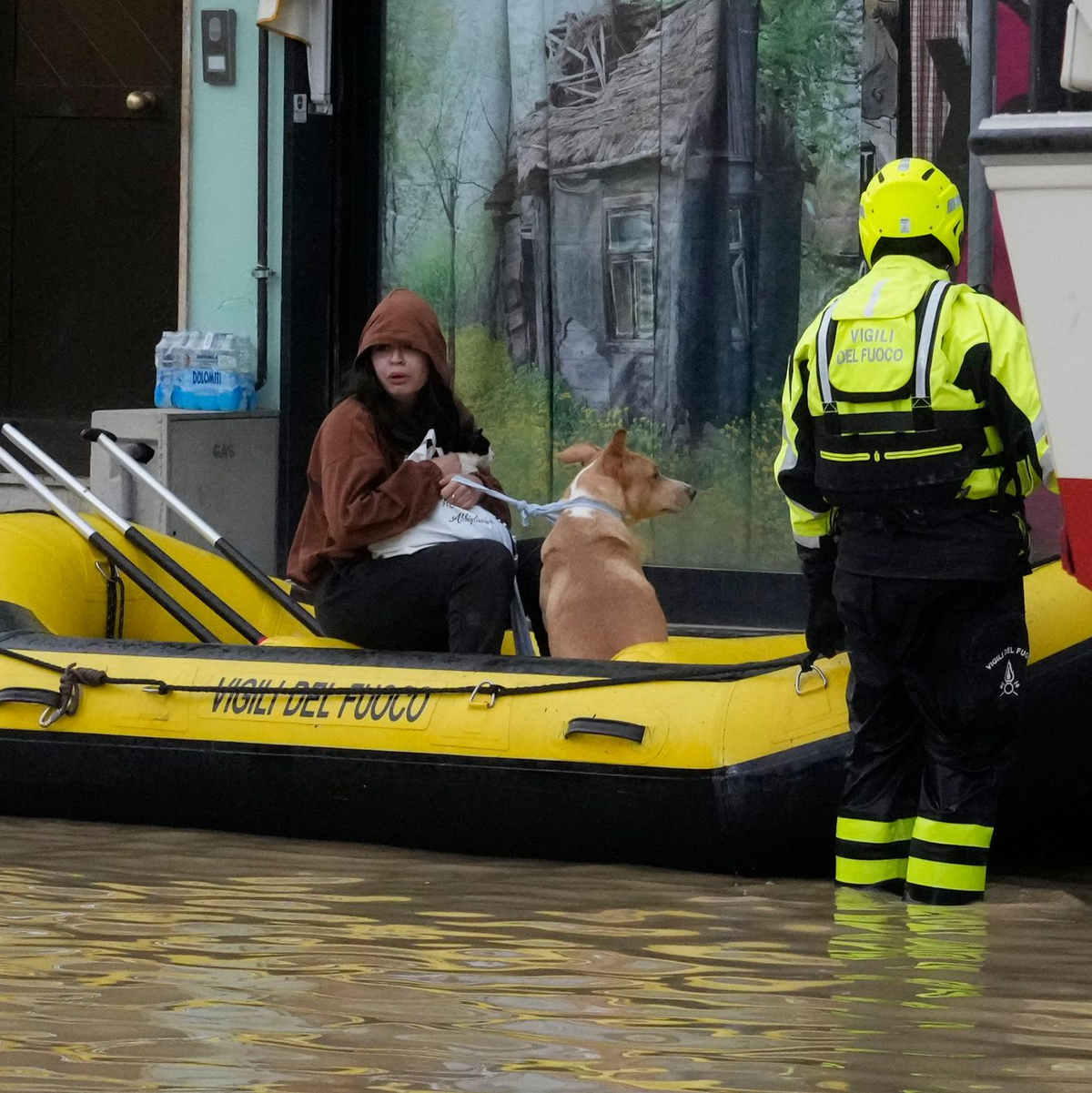 Feuerwehrleute retten eine Anwohnerin und ihren Hund im Ort Campi di Bisenzio. - Foto: Gregorio Borgia/AP/dpa