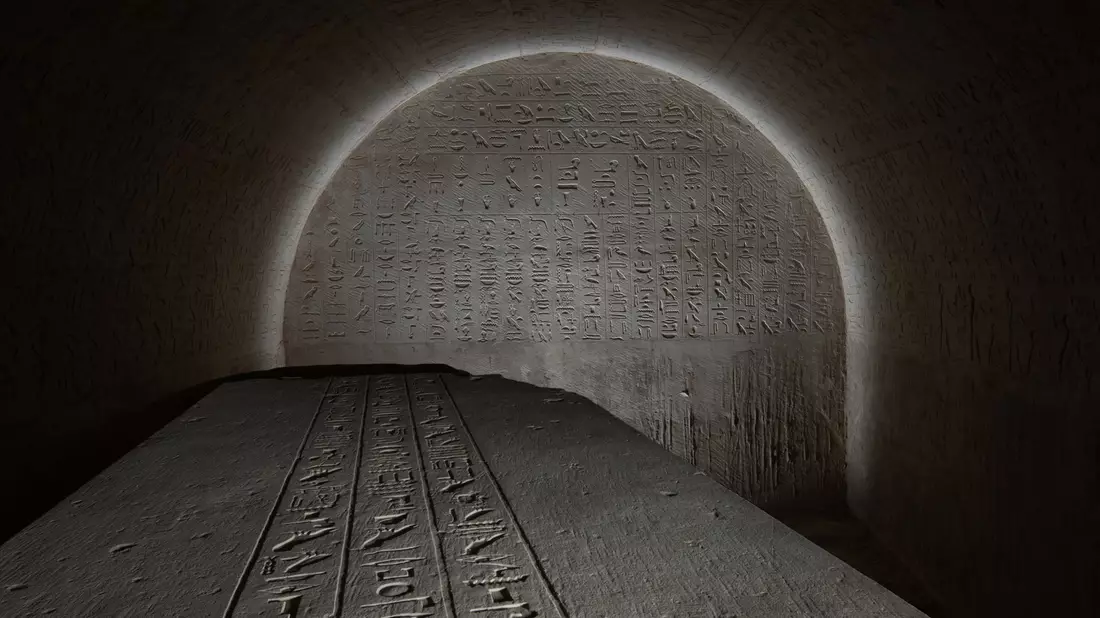 Die Südwand der Grabkammer und der Deckel des Sarkophags von Djehutiemhet: Tschechische Forscher haben ein reich verzierte Grab entdeckt. - Bild: Petr Kosarek/Tschechisches Institut für Ägyptologie/Karls-Universität/dpa