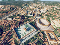 Das computergenerierte Bild zeigt eine Luftaufnahme des antiken Roms im Jahr 320 n. Chr. mit dem Kolosseum (M) als 3D-Rekonstruktion «Rome Reborn 4.0». - Foto: Flyover Zone/dpa