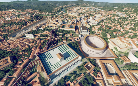 Das computergenerierte Bild zeigt eine Luftaufnahme des antiken Roms im Jahr 320 n. Chr. mit dem Kolosseum (M) als 3D-Rekonstruktion «Rome Reborn 4.0». - Foto: Flyover Zone/dpa