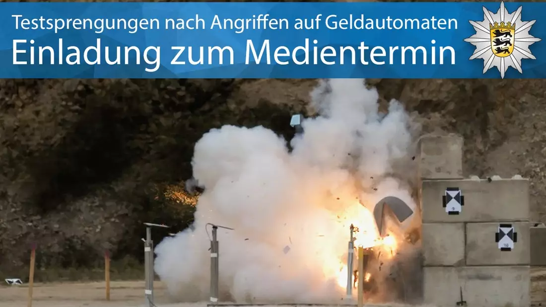 LKA-BW: Angriffe auf Geldausgabeautomaten: Expertinnen und Experten des Landeskriminalamts Baden-Württemberg führten Testsprengung durch; Einladung zum Medientermin - Bild: presseportal.de