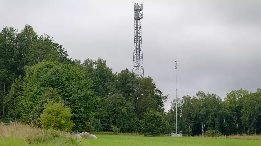 Zwei Funkmasten stehen am Waldrand im Westerwald. - Bild: Henning Kaiser/dpa